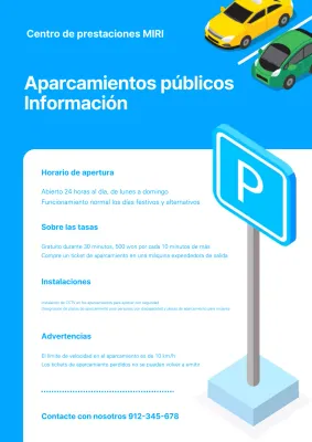 Anuncio azul y sencillo de funcionamiento del aparcamiento