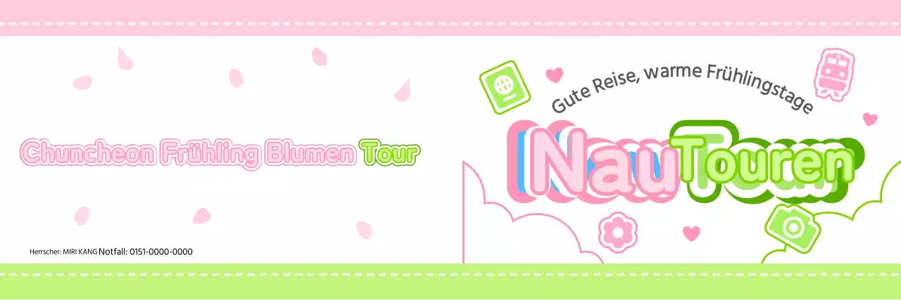 Gestalte einen niedlichen Reiseführer mit Wolken und verschiedenen Symbolen