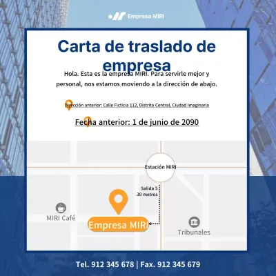 Un sencillo anuncio de traslado de empresa en azul marino