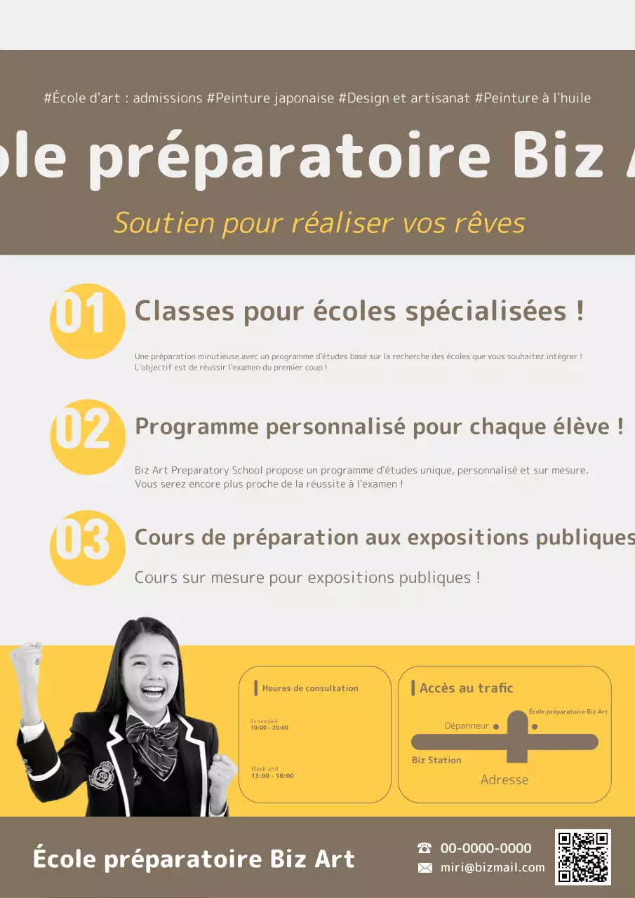 Promotion d'une école d'art avec des photos d'étudiants jaunes et brunes