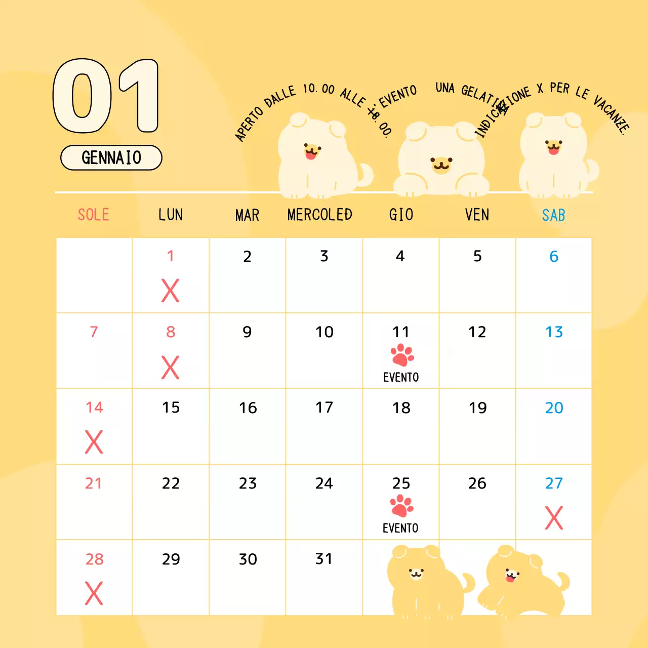 Un calendario di promemoria per gli appuntamenti legati alle vendite con un simpatico cucciolo giallo