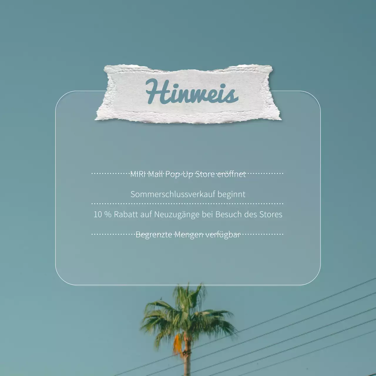 Ankündigung der Eröffnung eines einfachen Sommer-Pop-up-Stores in Hellblau und Weiß