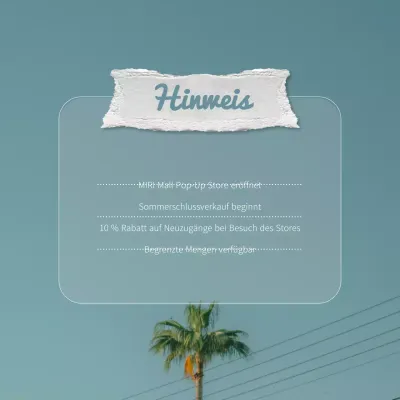 Ankündigung der Eröffnung eines einfachen Sommer-Pop-up-Stores in Hellblau und Weiß