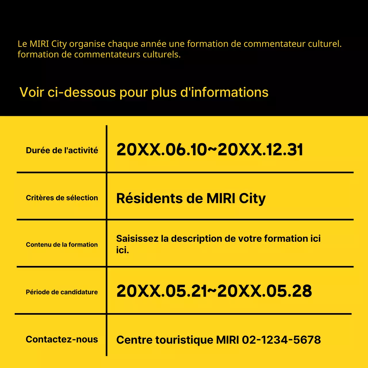 Argumentaire de recrutement d'un commentateur culturel minimaliste jaune et noir