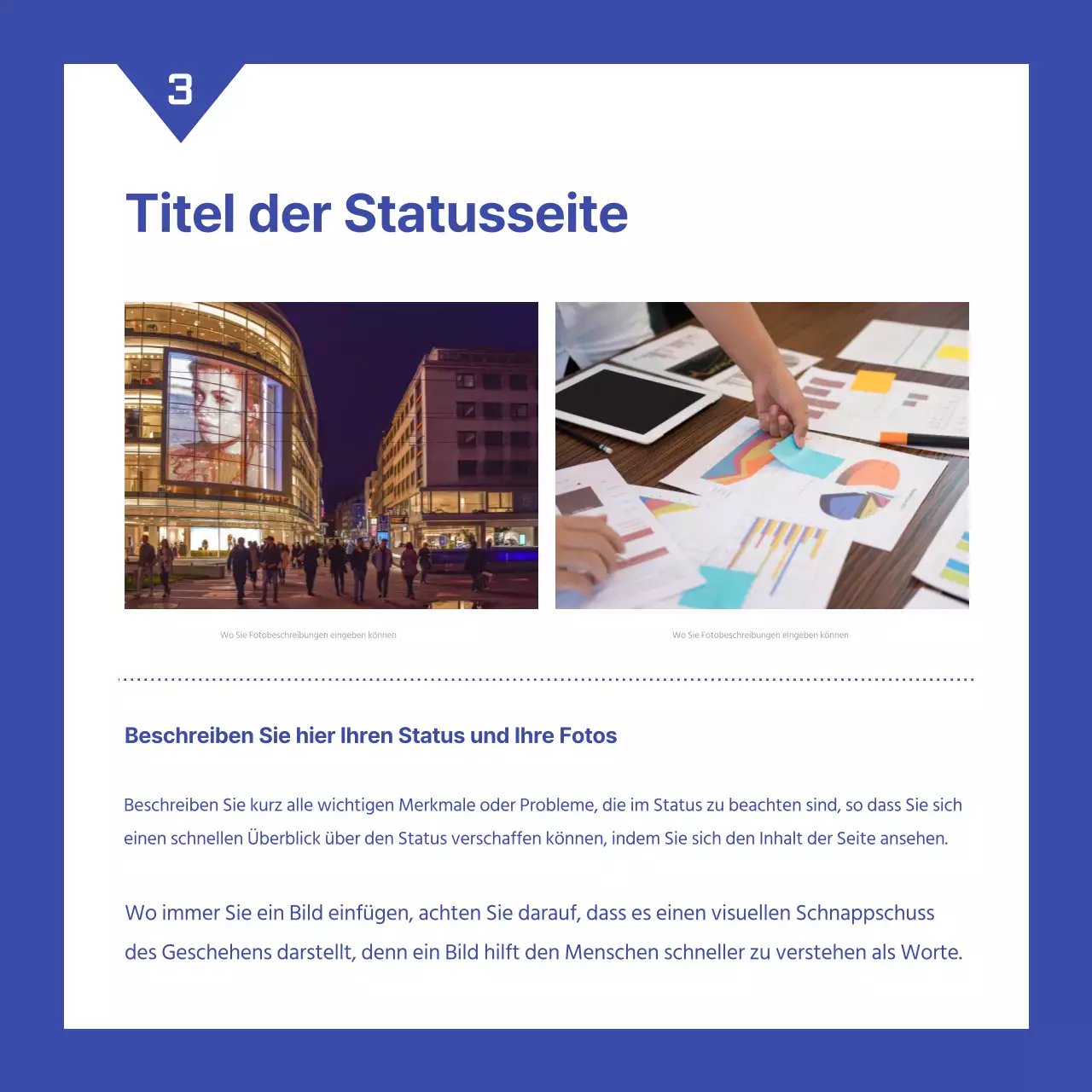 Ein einfacher blau-weißer Bericht zur Leistungsbeurteilung im Unternehmen