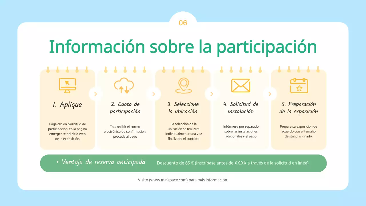 La convocatoria azul claro y amarillo para los expositores de la Feria Infantil