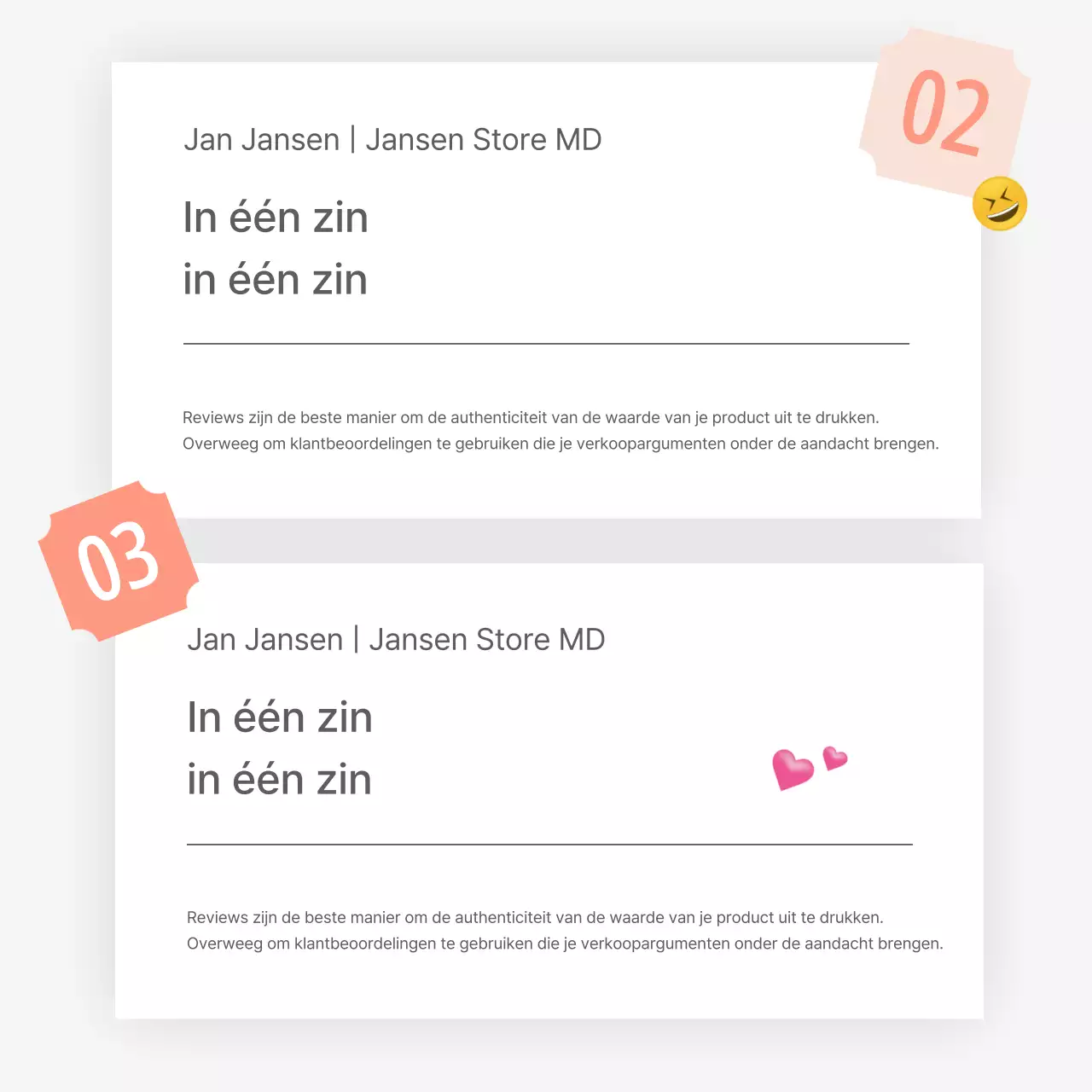 Een recensie of advertentie voor een modewinkel met een eenvoudige witte en grijze emoji-stijl.