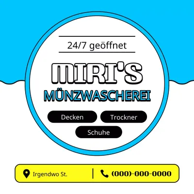 Eine einfache hellblaue und gelbe Münzwäscherei-Anzeige