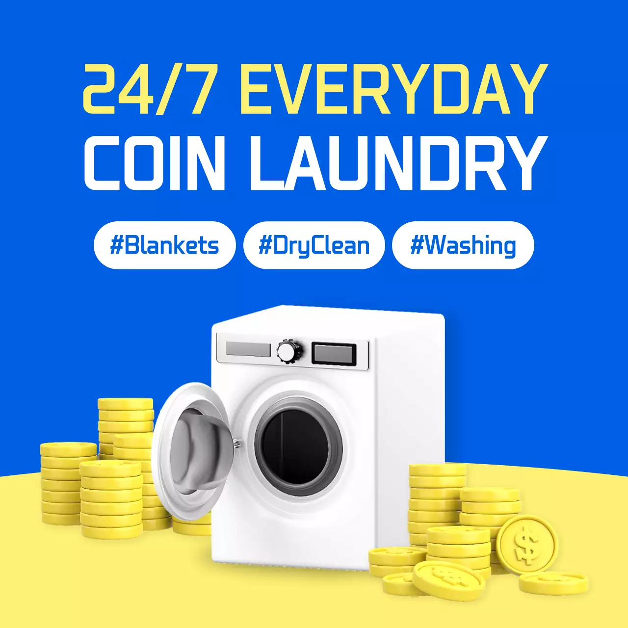 Promote a simple coin laundromat in blue and yellow