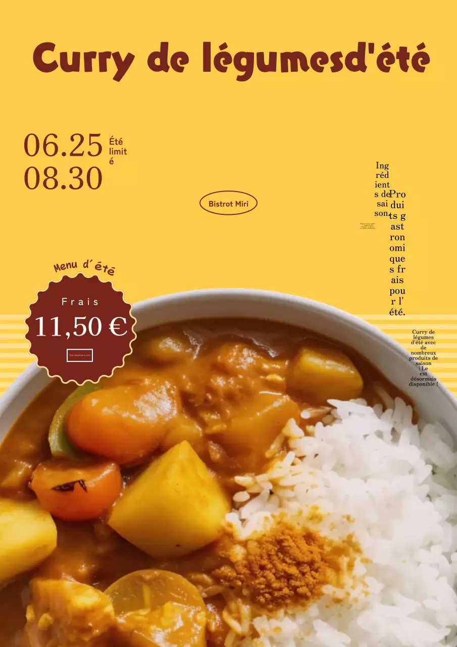 Promotion d'un menu d'été avec des accents typographiques et photographiques jaunes et bruns