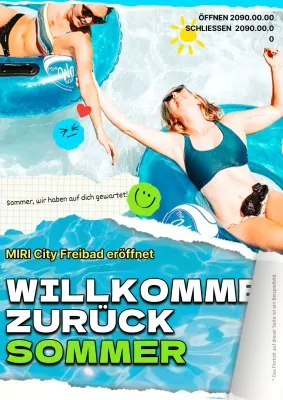 Ankündigung der Eröffnung eines kitschigen Pools in Neonfarben und Himmelblau