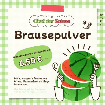 Gelb-Grün und Rot, die für die schönen Sommergerichte der Saison werben.