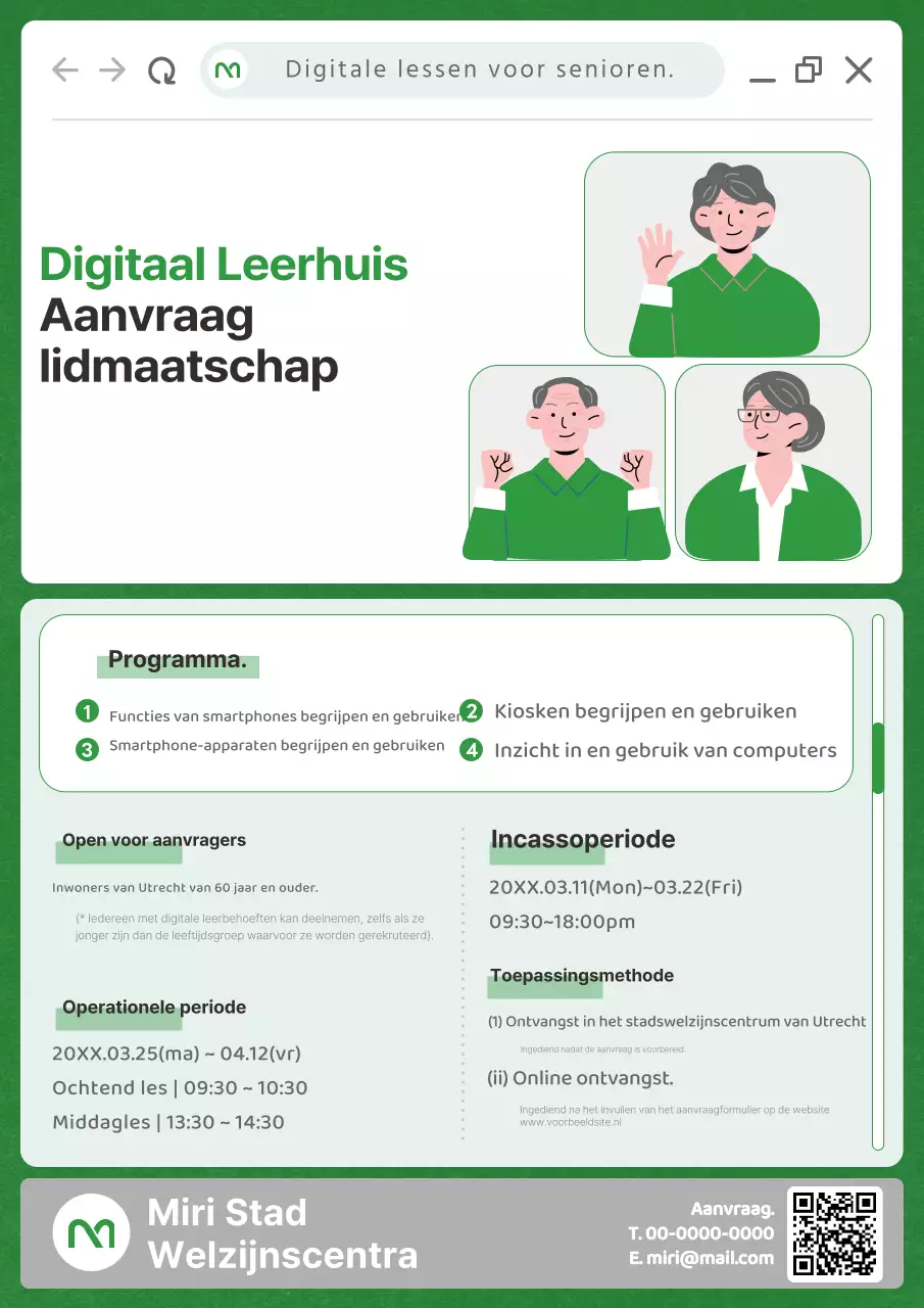 Promoot een digitaal leslokaal voor senioren met illustraties van senioren in het groen.