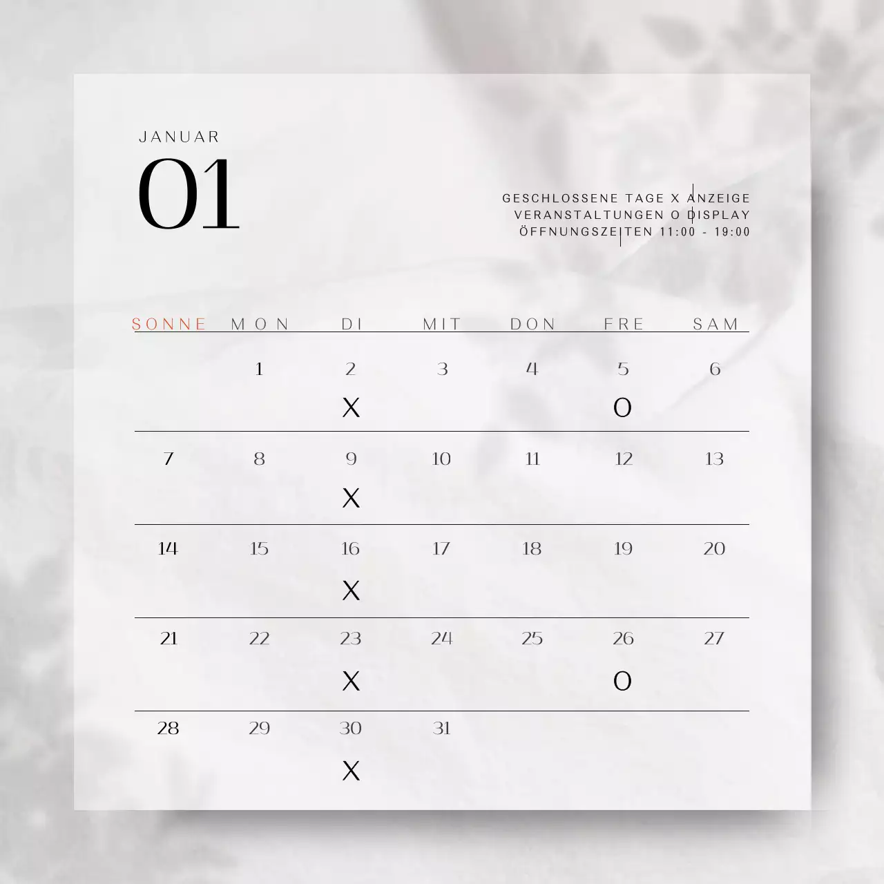 Ein einfaches und emotionales Konzept für einen verkaufsbezogenen Terminankündigungskalender mit weißen Pflanzenschatten.