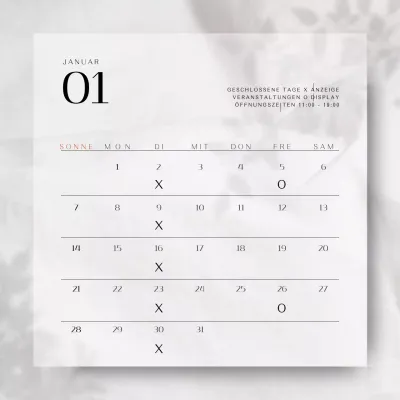 Ein einfaches und emotionales Konzept für einen verkaufsbezogenen Terminankündigungskalender mit weißen Pflanzenschatten.