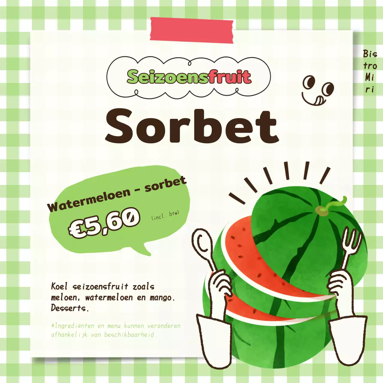 Geelgroen en rood, ter promotie van de heerlijke zomerse seizoensgerechten.