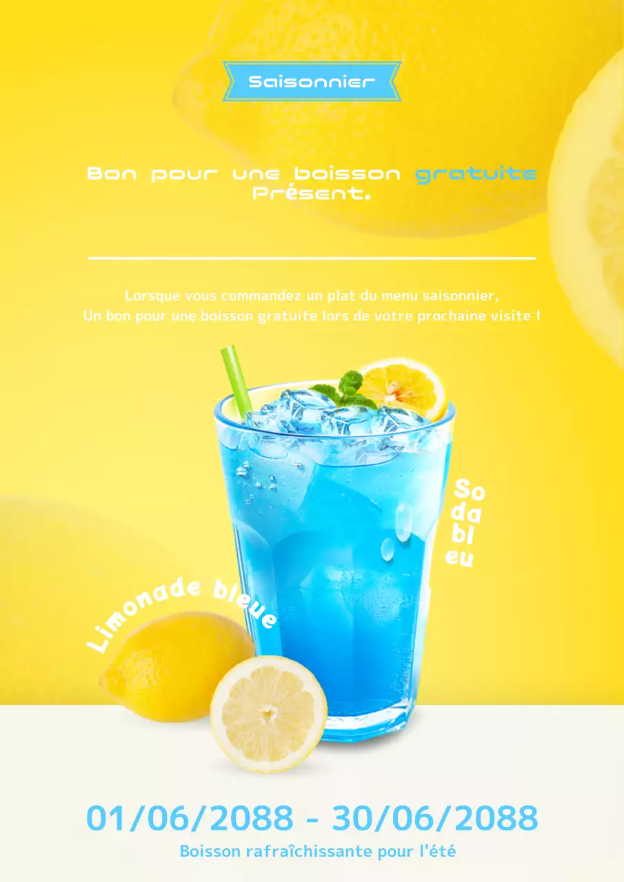Publicité pour un menu d'été simple, jaune et bleu ciel.
