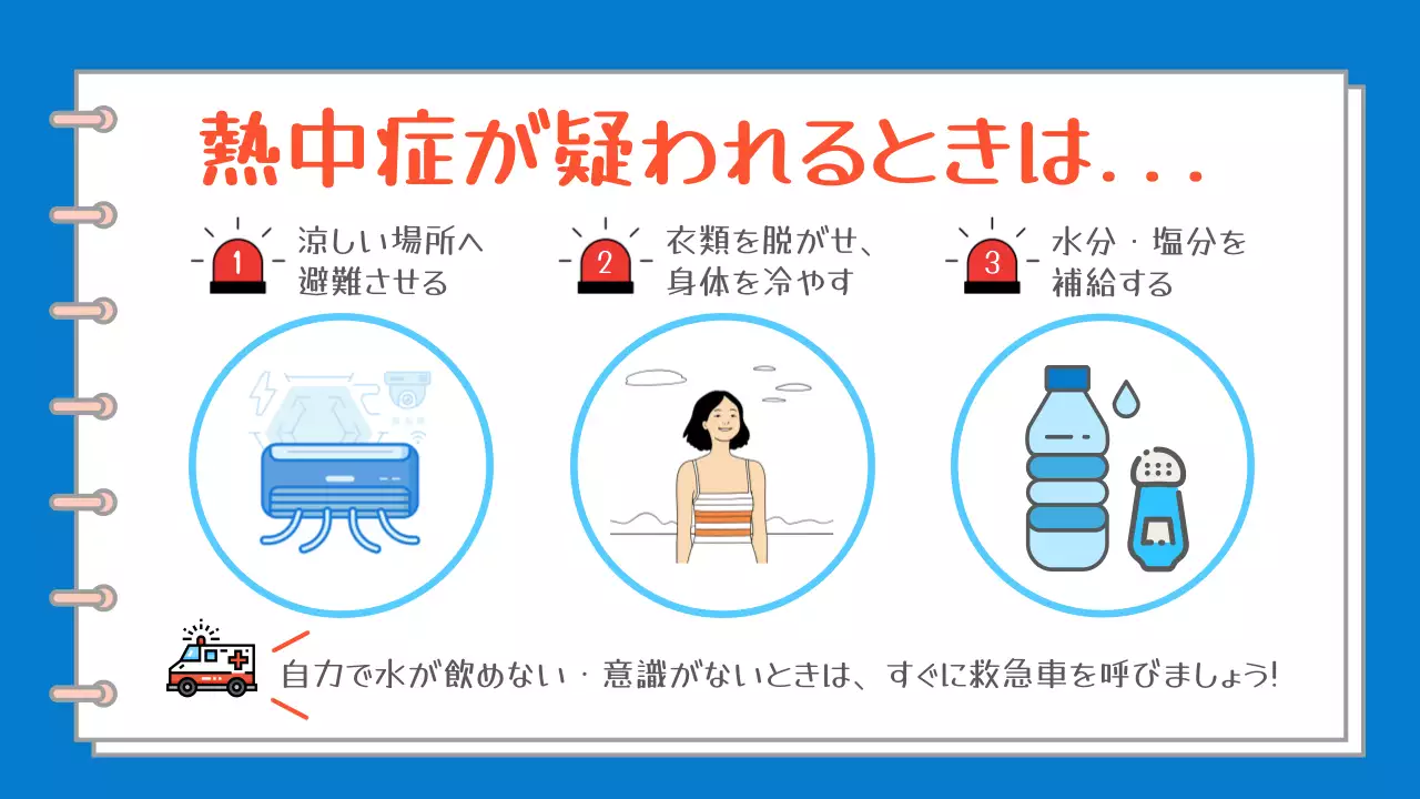 青と白の簡単な熱中症の症状と対策についての案内企画書。