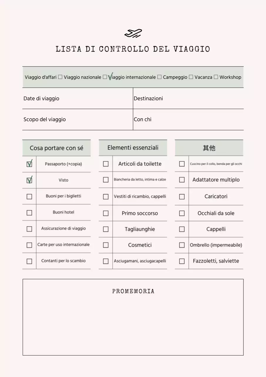 Semplice blocco note per la lista dei bagagli da viaggio in avorio e menta