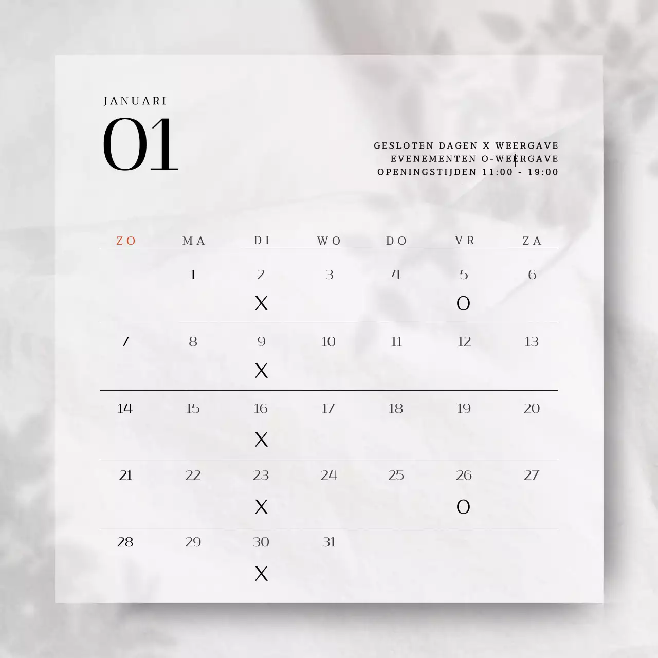 Een eenvoudig en emotioneel concept voor een verkoopgerelateerde afsprakenkalender met witte plantschaduwen.