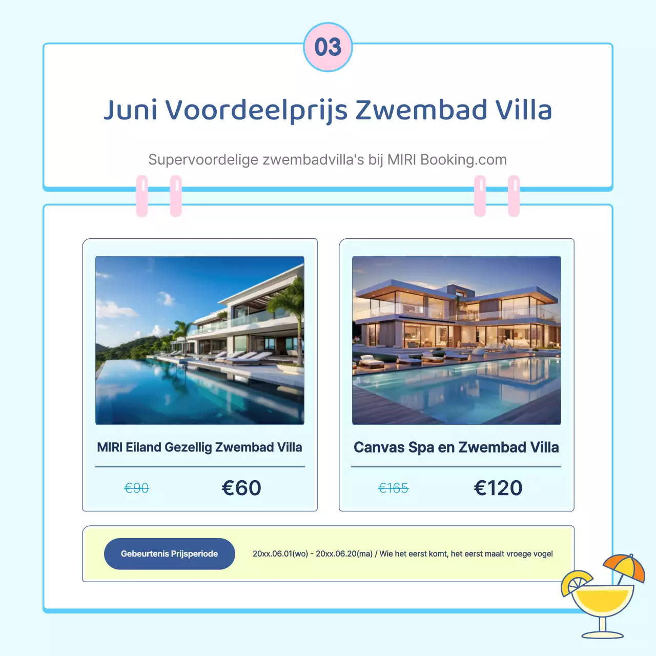 Een schattig zomers vakantiehuisje in lichtblauw en roze