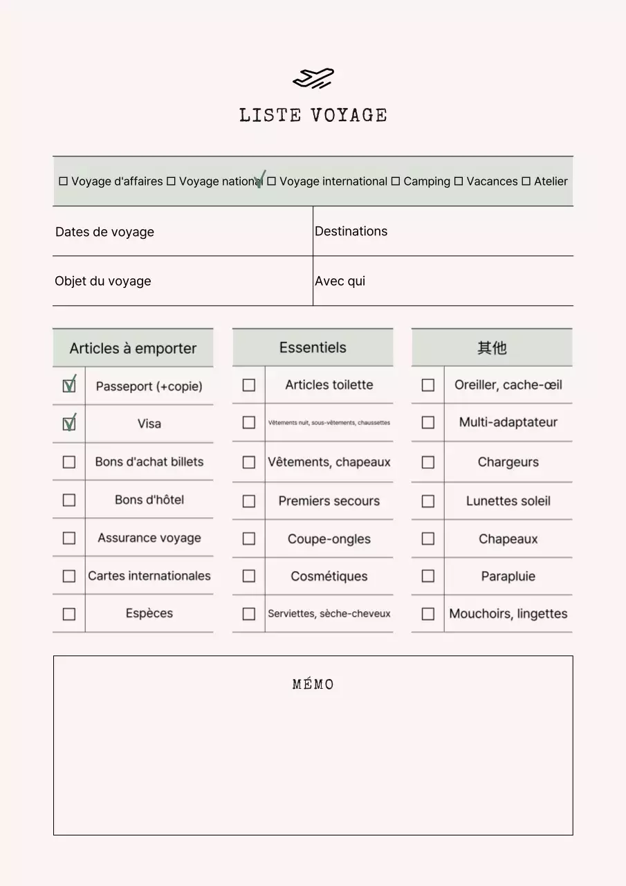 Bloc-notes simple pour la préparation des bagages en ivoire et menthe