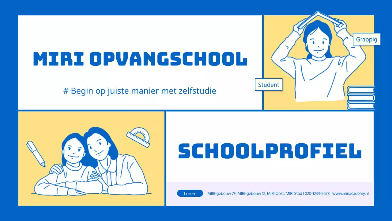 Een kitscherig geel en blauw schoolprospectus