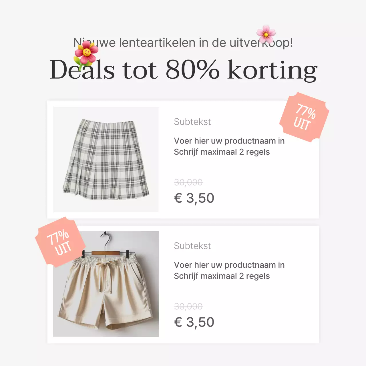 Productdetailbeschrijvingen of advertenties voor een modewinkelcentrum, versierd met een eenvoudige stijl van witte en grijze emoji's.