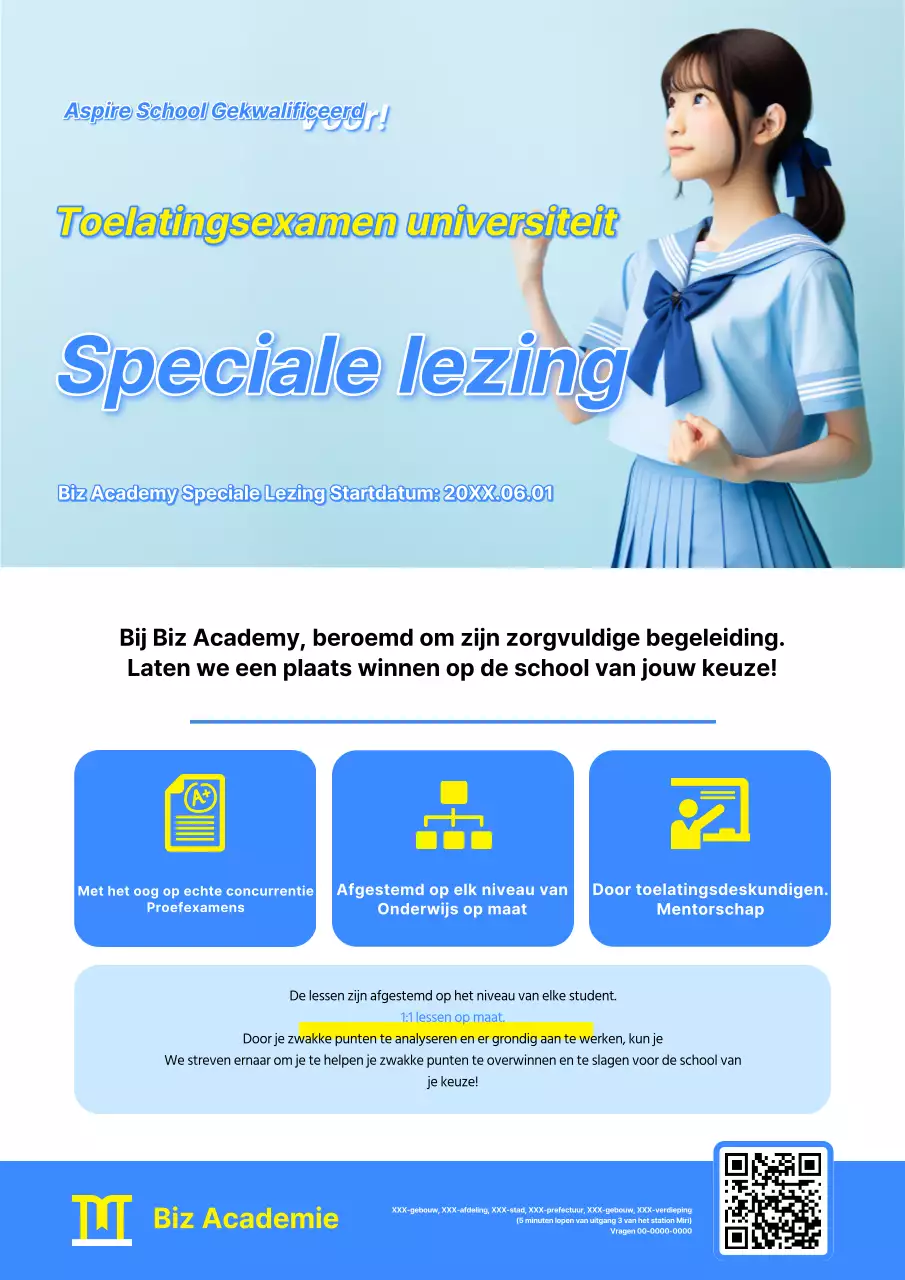 Een toelatingsschool voor universiteiten promoten met een blauwe en gele afbeelding van een meisje