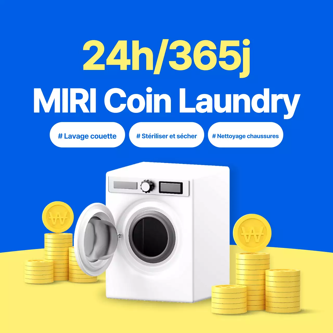 Promouvoir une simple laverie automatique en bleu et jaune