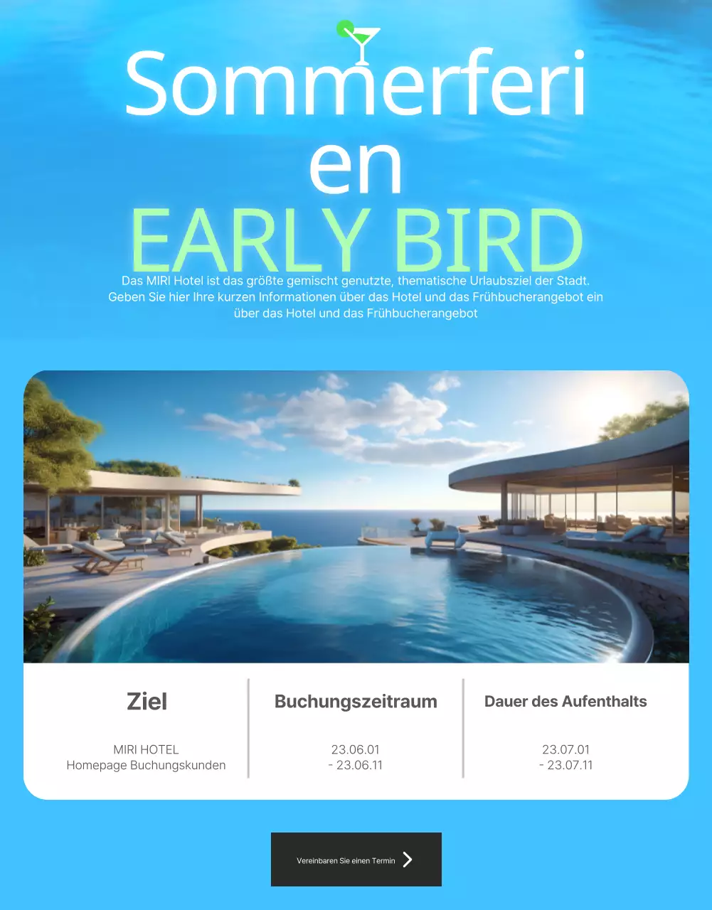 Einfache Hotel-Sommerwerbung in Weiß und Hellblau