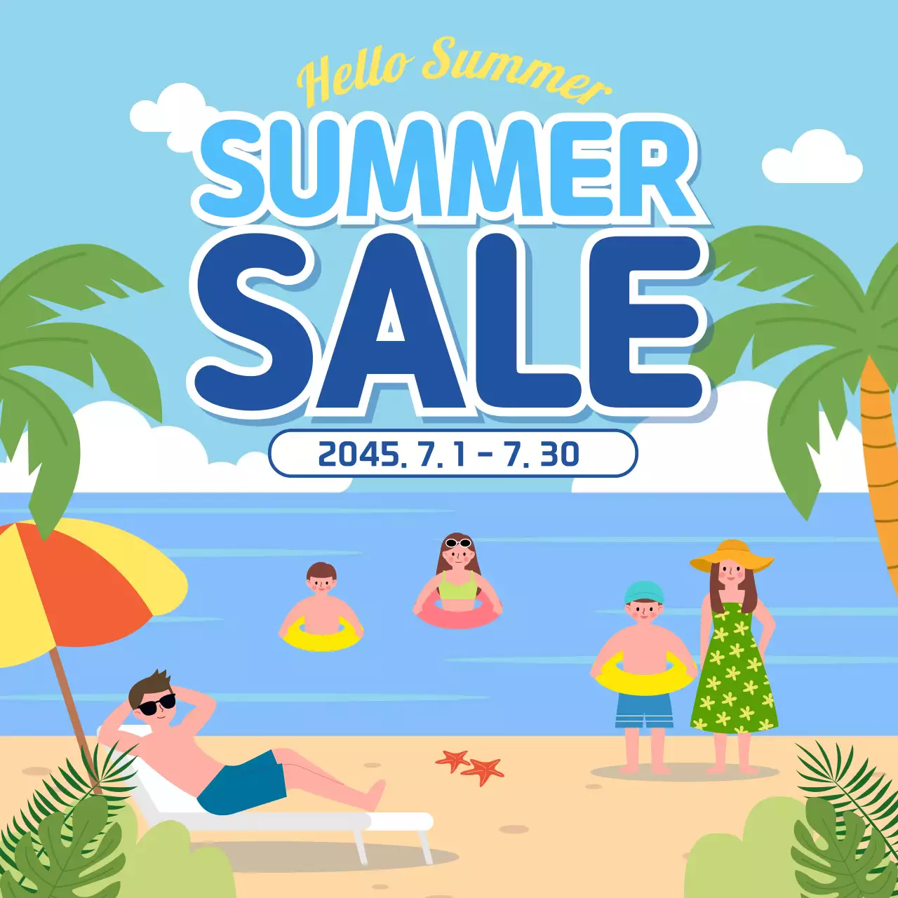 파란색의 일러스트 컨셉의 썸머세일 홍보