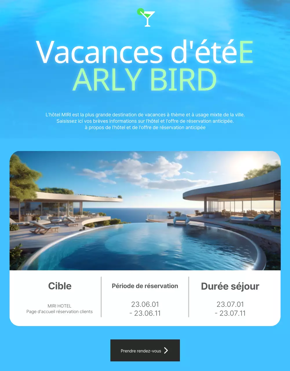 Promotion estivale simple d'un hôtel en blanc et bleu clair