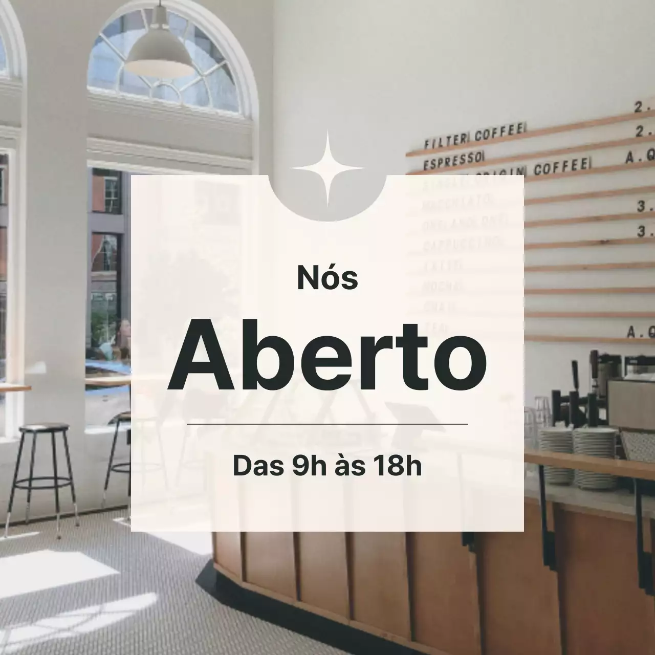 Um simples anúncio de horário de funcionamento de um café em azul-marinho e marfim