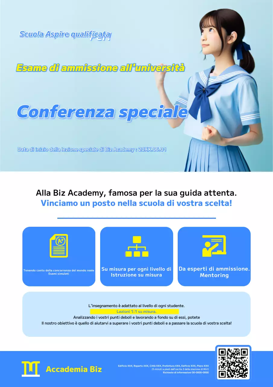 Promozione di una scuola di ammissione all'università con l'immagine di una ragazza in blu e giallo