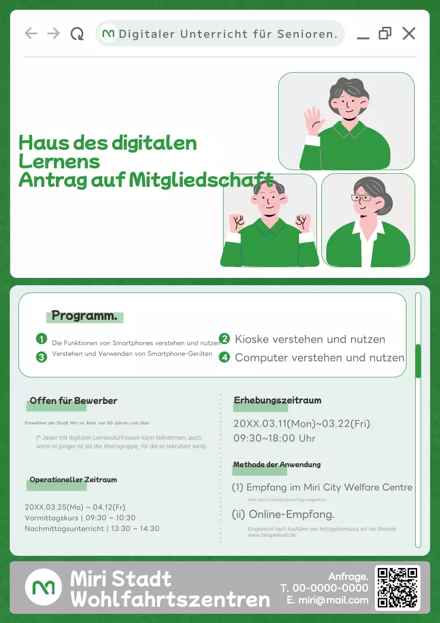 Förderung eines digitalen Klassenzimmers für Senioren mit Abbildungen von Senioren in Grün.