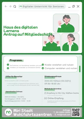 Förderung eines digitalen Klassenzimmers für Senioren mit Abbildungen von Senioren in Grün.