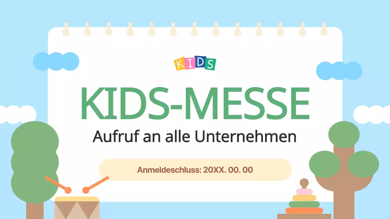 Der hellblaue und gelbe Aufruf für Aussteller auf der Kids Fair