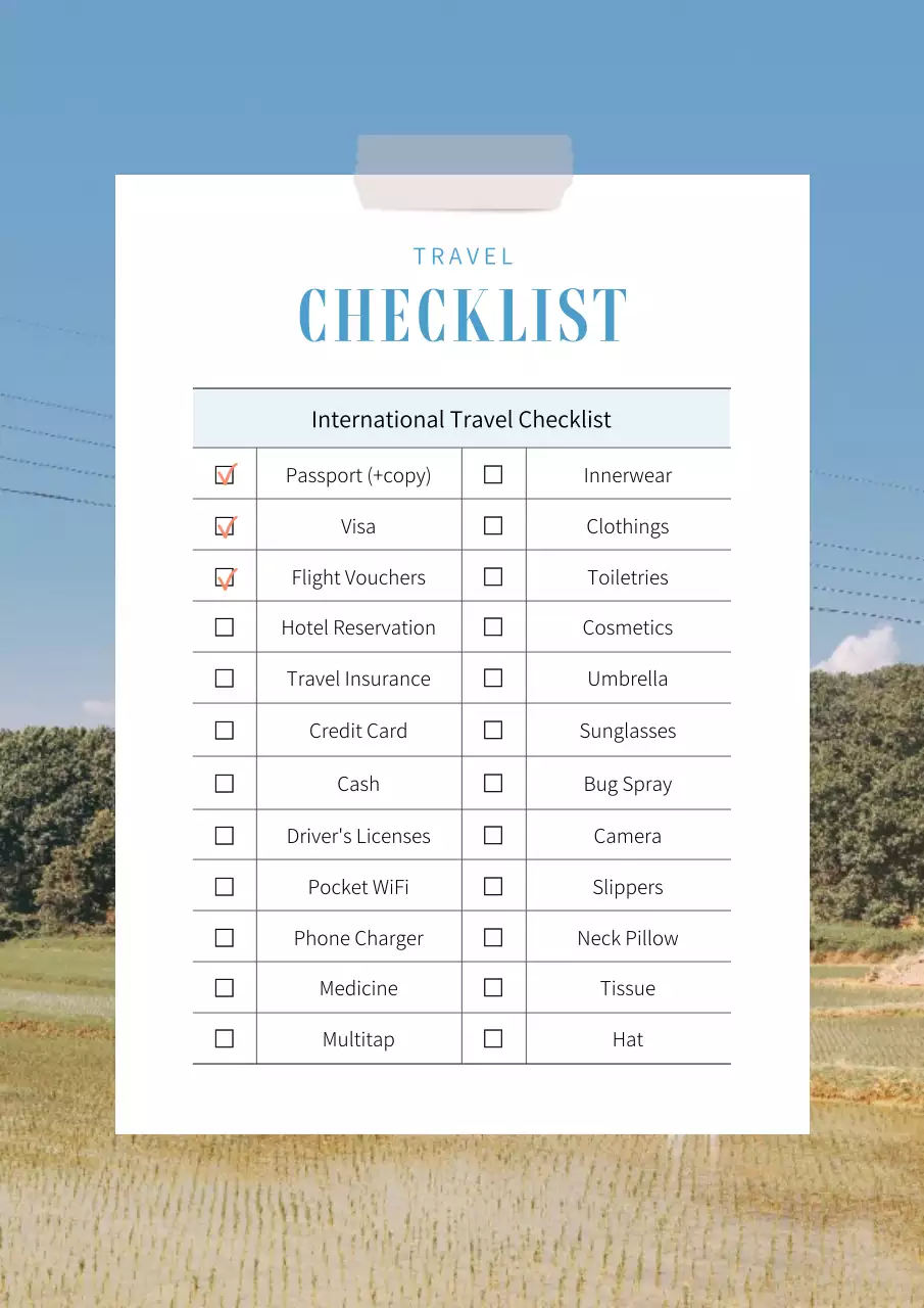 A simple light blue and black international travel packing checklist planner