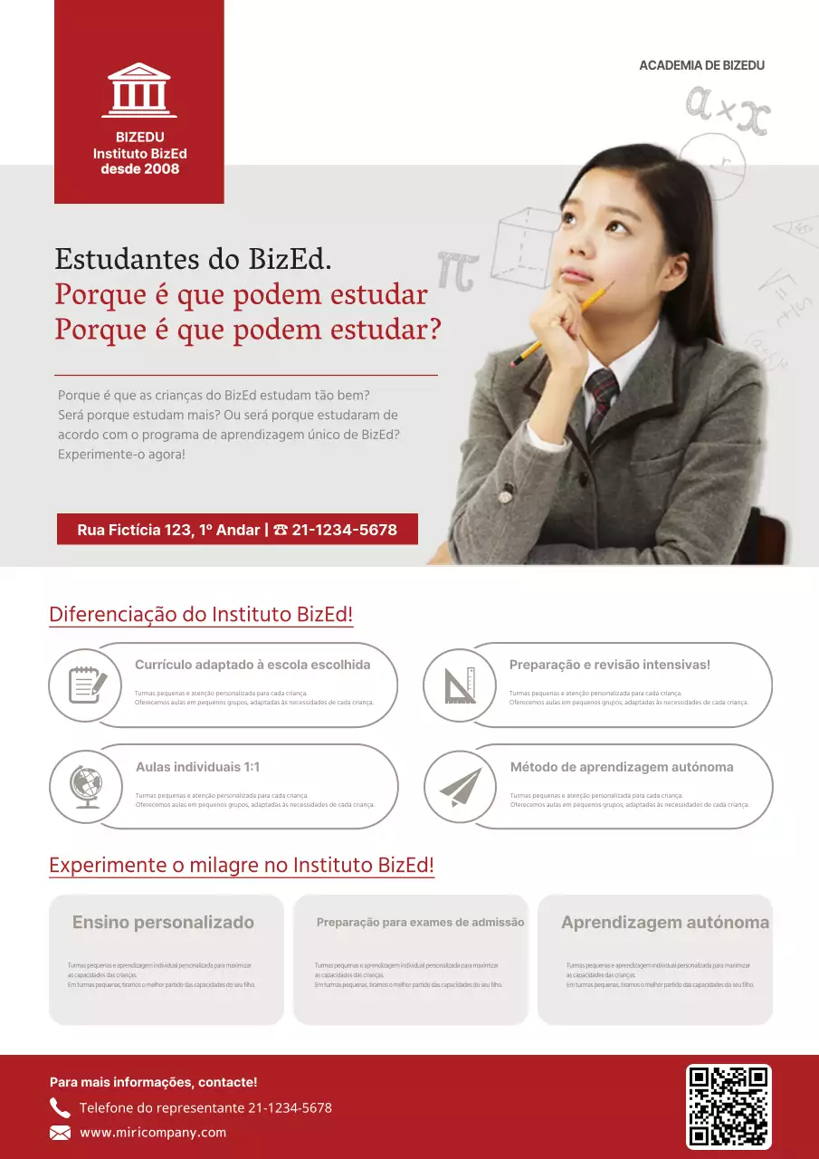 Descreva e promova a sua escola com uma imagem de uma rapariga pensante vestida de vermelho e cinzento.