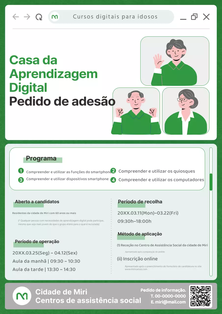 Promover uma sala de aula de aprendizagem digital para idosos com ilustrações de idosos a verde.