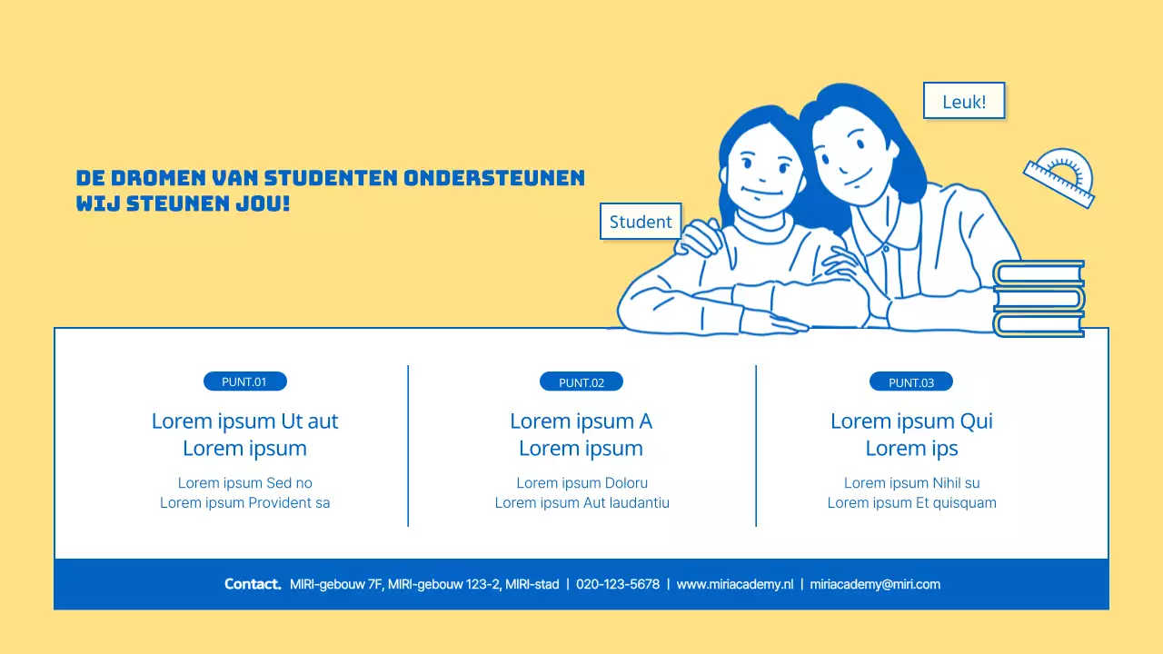 Een kitscherig geel en blauw schoolprospectus