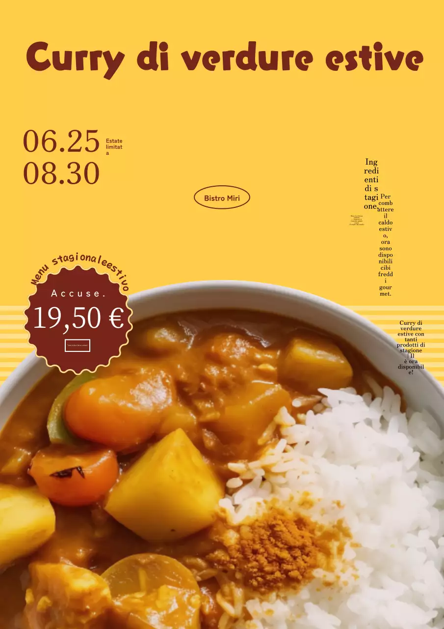 Promozione del menu estivo con accenti tipografici e fotografici gialli e marroni