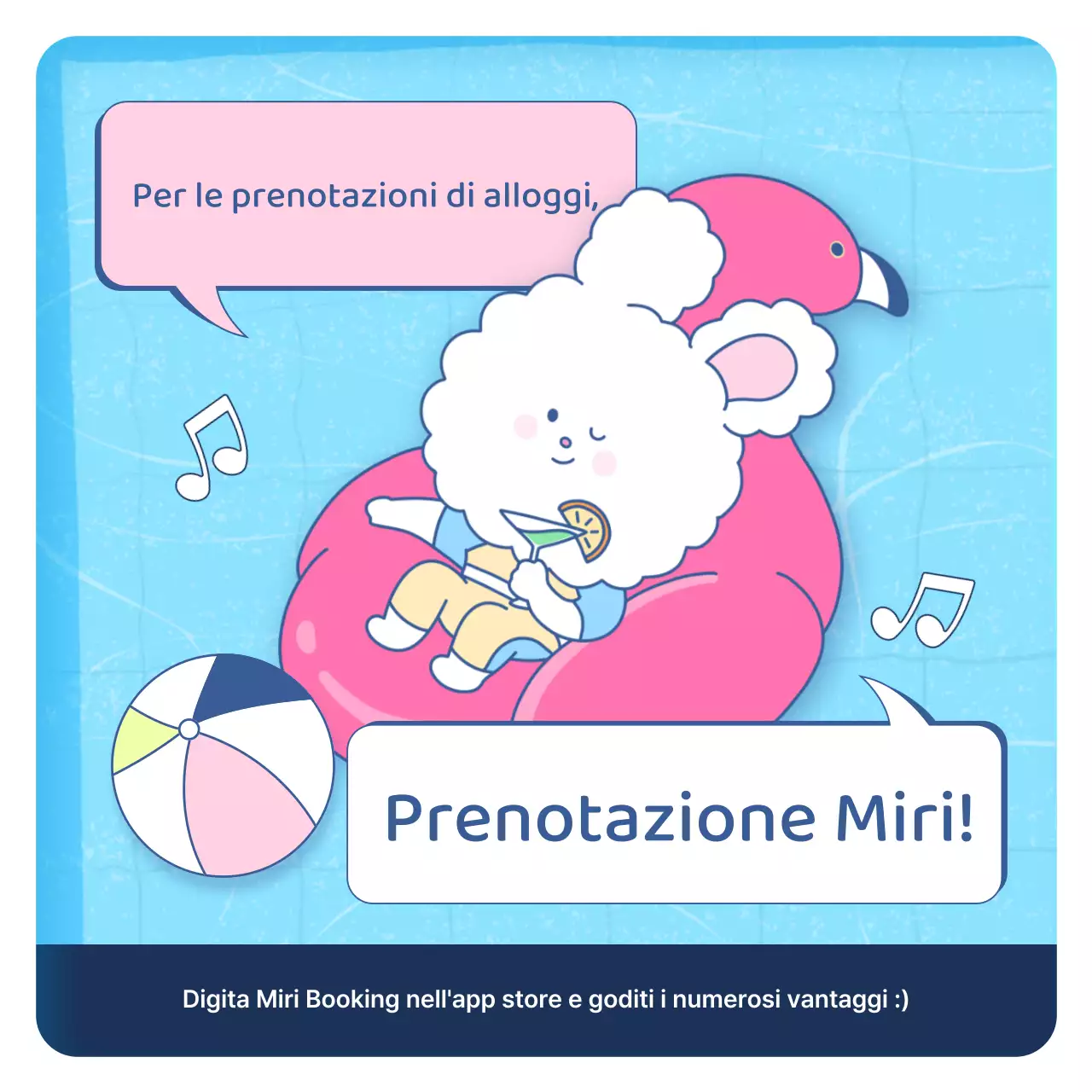 Una simpatica pubblicità di una casa per le vacanze estive in azzurro e rosa