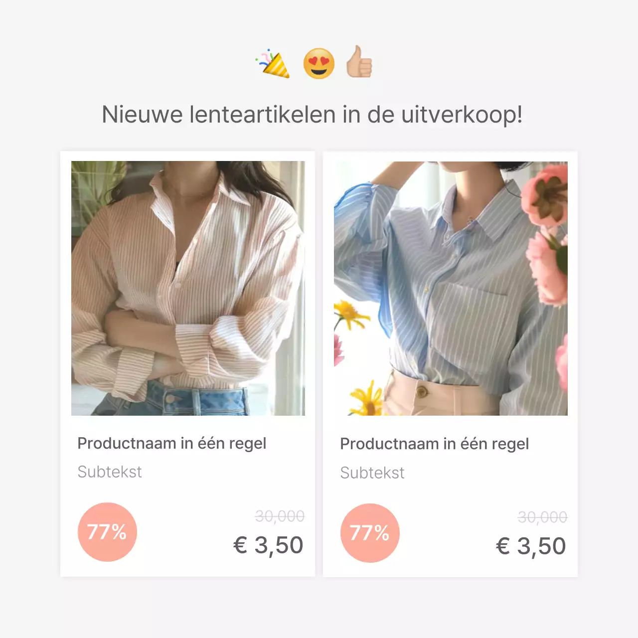 Productdetailbeschrijvingen of advertenties voor een modewinkelcentrum, versierd met een eenvoudige stijl van witte en grijze emoji's.