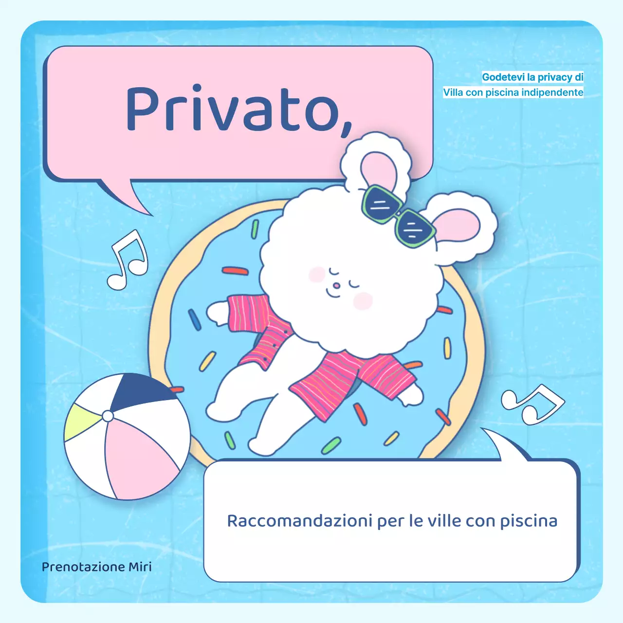 Una simpatica pubblicità di una casa per le vacanze estive in azzurro e rosa