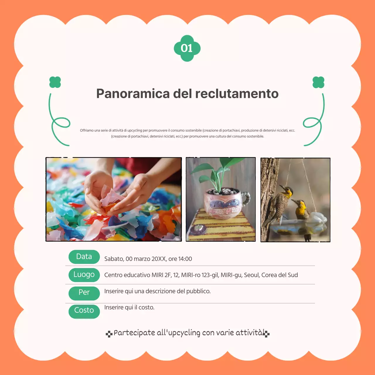 Creare prodotti moderni riciclati in arancione e verde.