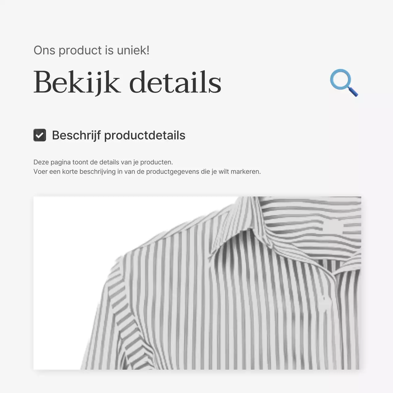 Productdetailbeschrijvingen of advertenties voor een modewinkelcentrum, versierd met een eenvoudige stijl van witte en grijze emoji's.