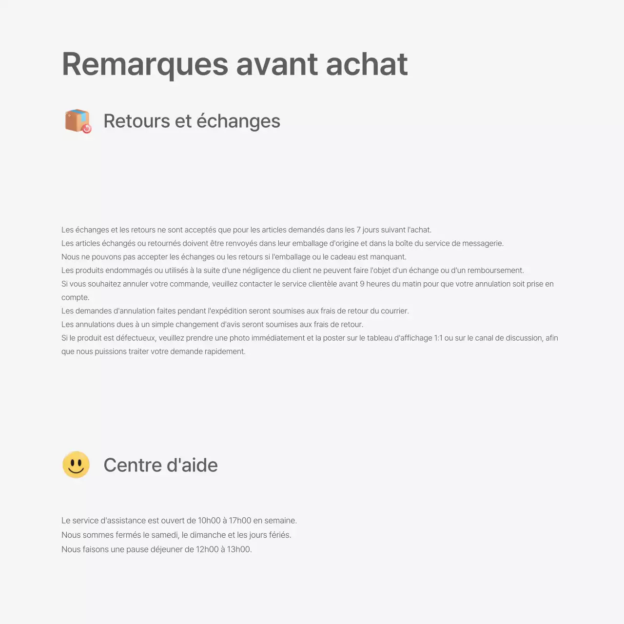 Un centre commercial de mode décoré avec un style simple d'emoji blancs et gris, avec les instructions et précautions nécessaires.