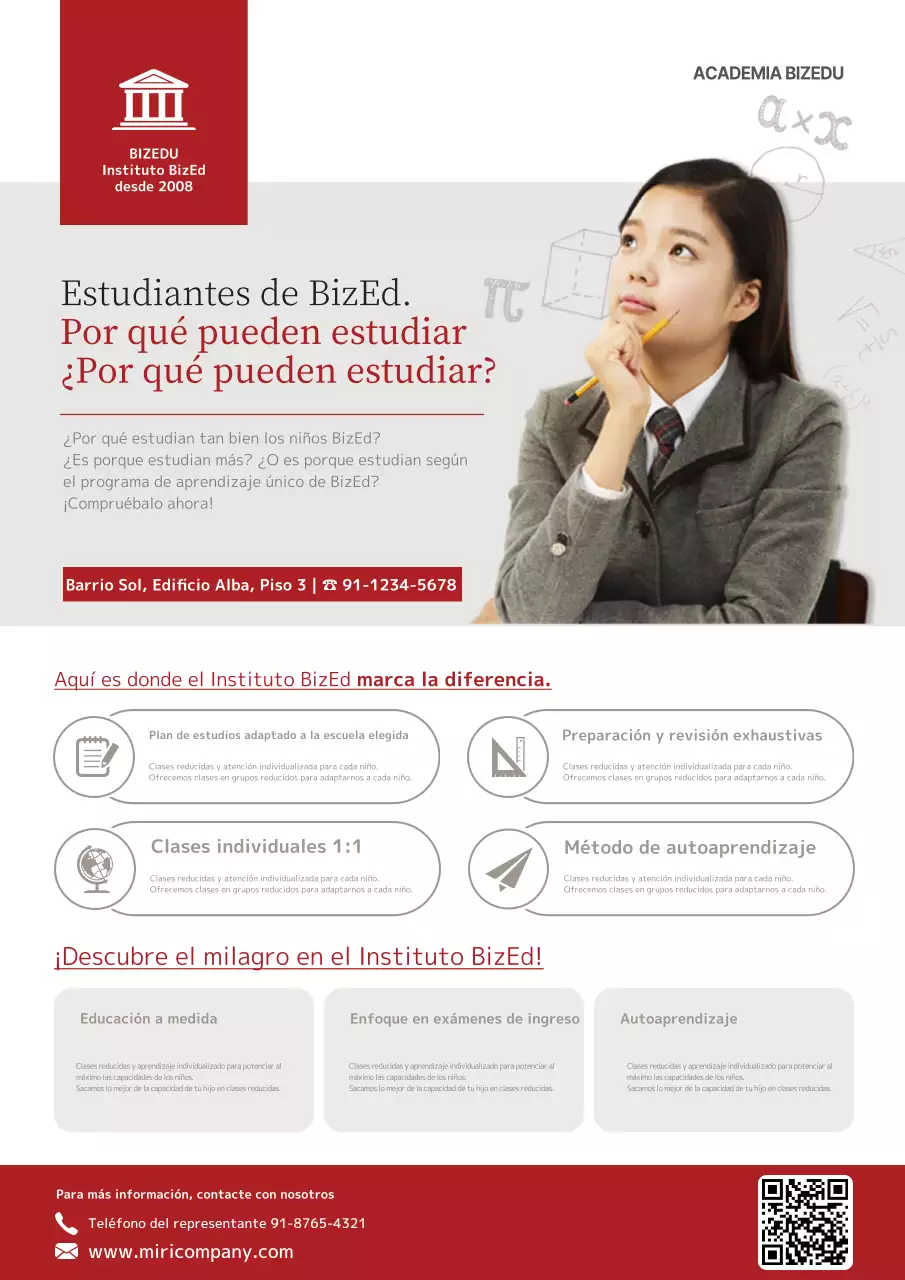 Describe y promociona tu escuela con la imagen de una chica pensante vestida de rojo y gris.